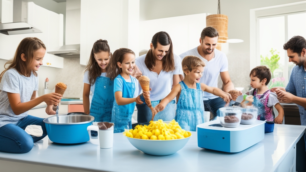 Boldog család közösen készít fagylaltot fagyasztótálcás fagylaltgéppel modern konyhában természetes világításban