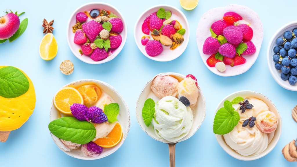 Évszakos fagylalt ízek művészi elrendezésben nyári ízek friss gyümölcsökkel téli ízek fűszerekkel